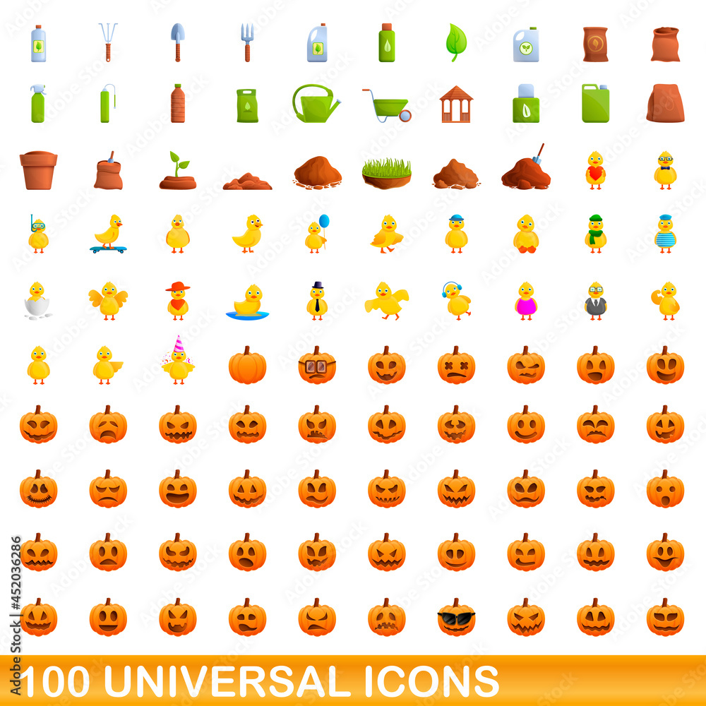 100 universal icons set. Cartoon illustration of 100 universal icons vector set isolated on white background 100 universal icons set. Cartoon illustration of 100 universal icons vector set isolated on white background