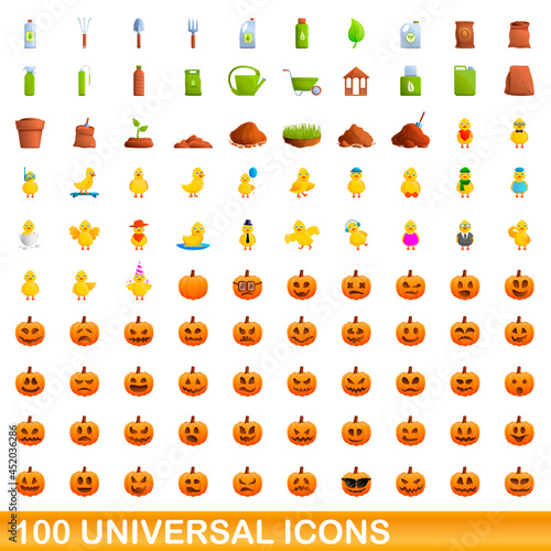 100 universal icons set. Cartoon illustration of 100 universal icons vector set isolated on white background