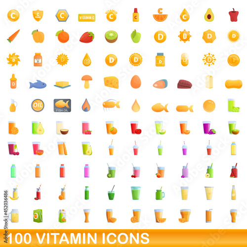 100 vitamin icons set. Cartoon illustration of 100 vitamin icons vector set isolated on white background