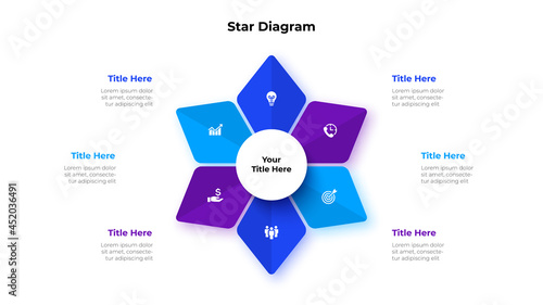 Abstract star element is divided into 6 parts with a circle in the center. Business data visualization for presentation. Vector info graphic diagram