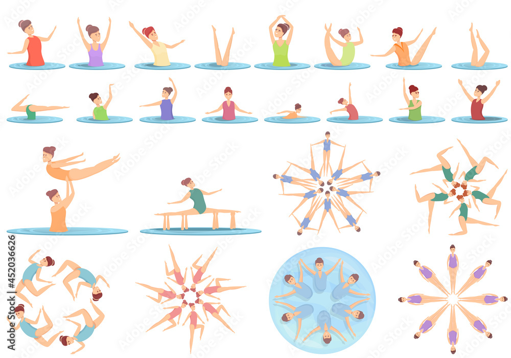 Synchronized swimming icons set cartoon vector. Swim sport. Aquatic championship
