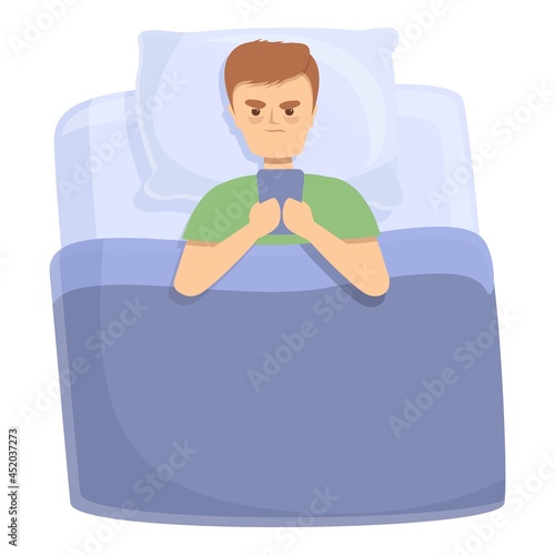Boy phone insomnia icon cartoon vector. Night sleep. Bed trouble