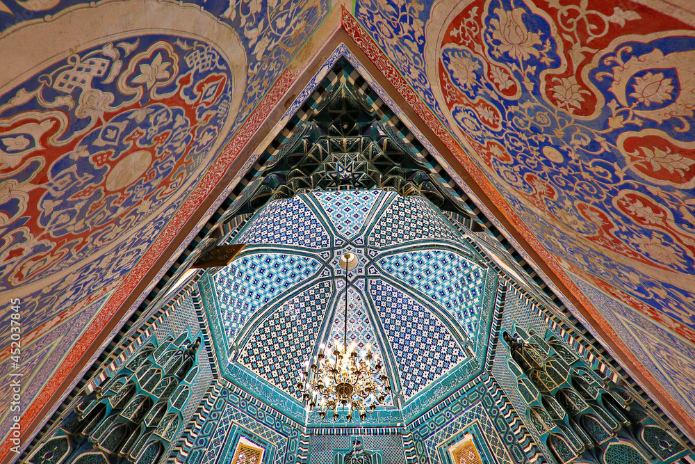 Tiled ceiling of the mausoleum building in the historical cemetery of Shahi Zinda in Samarkand, Uzbekistan