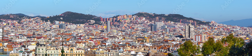 Panoramic view of of north part Barcelona from Montjuic, Catalonia, Spain.