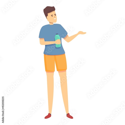 Man take water bottle icon cartoon vector. Soda shampoo. People drinking