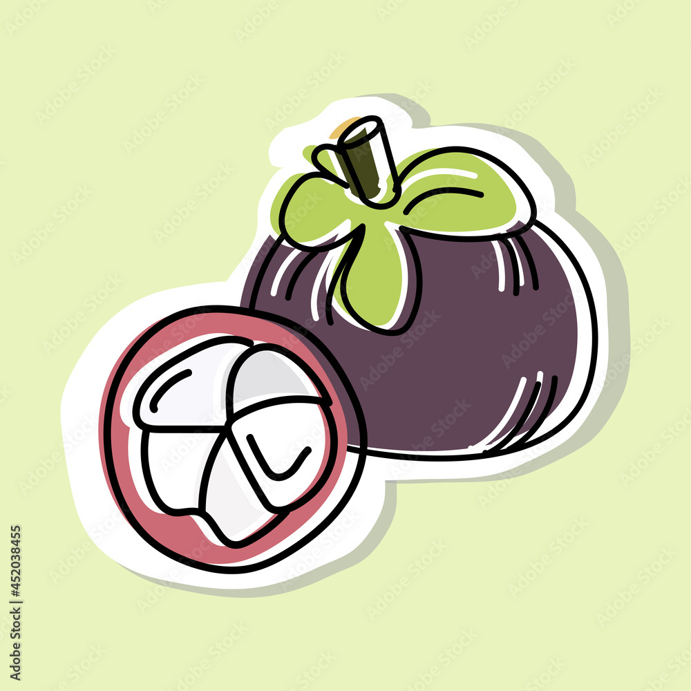 Vector illustration of whole mangosteen sticker and mangosteen cutout. Hand drawn icon and symbol for print on baby clothes, sticker, textile design. Cartoon design elements. Vector illustration of whole mangosteen sticker and mangosteen cutout. Hand drawn icon and symbol for print on baby clothes, sticker, textile design. Cartoon design elements.
