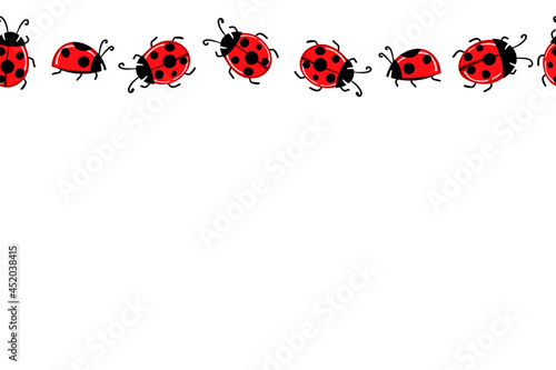 Cartoon cute colorful ladybird mascot. Ladybags with an empty table. Vector character. Insect icon. Holiday template design for invitation, cards, wallpaper, school, kindergarten. Copy space