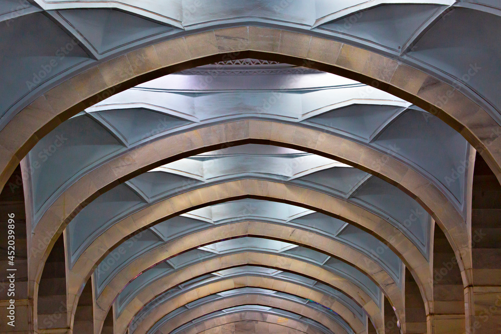 Archways in the Alisher Navoi Metro station named after the muslim poet of same name, in Tashkent, Uzbekistan
