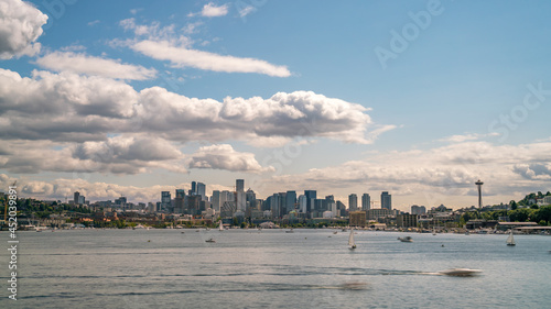 View of Multiple Boats in Union Lake With Downtown Seattle Skyline in the background