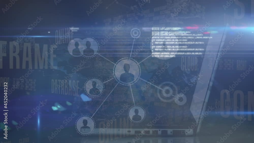 Animation of person using laptop over network of people icons and data processing Animation of person using laptop over network of people icons and data processing