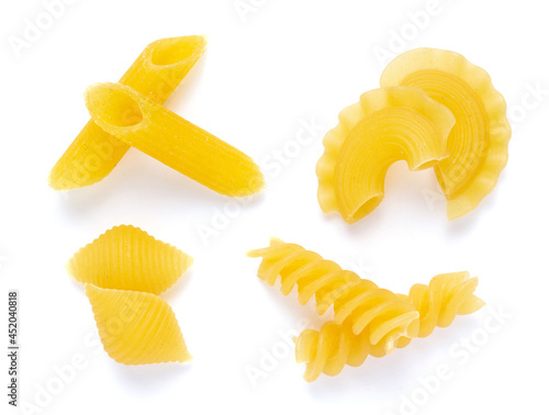 Pasta collection food isolated on white background. Raw pasta assortment