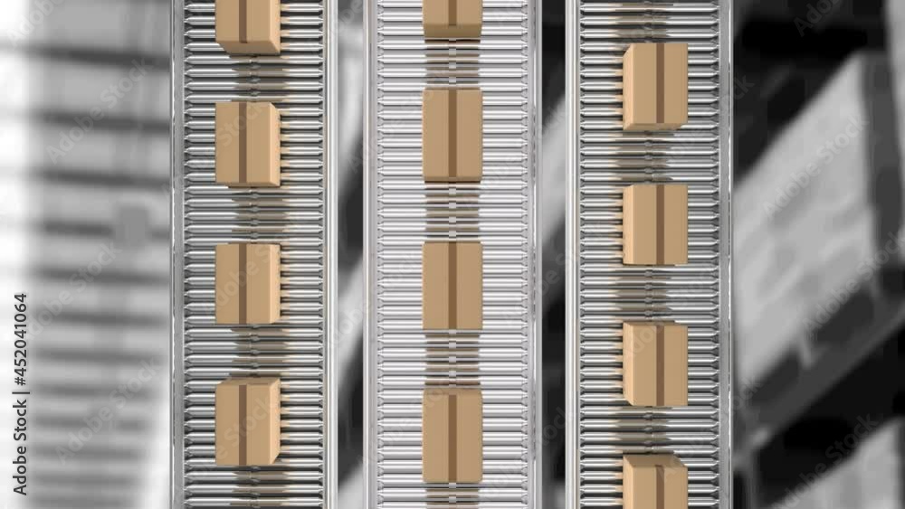 Animation of cardboard boxes moving on conveyor belts over warehouse Animation of cardboard boxes moving on conveyor belts over warehouse