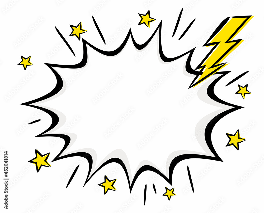 Comic empty explosion with lightning in popart style. Isolated White box for content. Cartoon Vector illustration. Template for offer, announcement or discount. Comic empty explosion with lightning in popart style. Isolated White box for content. Cartoon Vector illustration. Template for offer, announcement or discount.