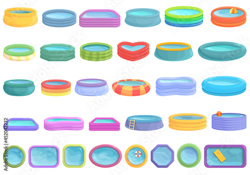 Inflatable pool icons set cartoon vector. Activity round. Kid swim toy