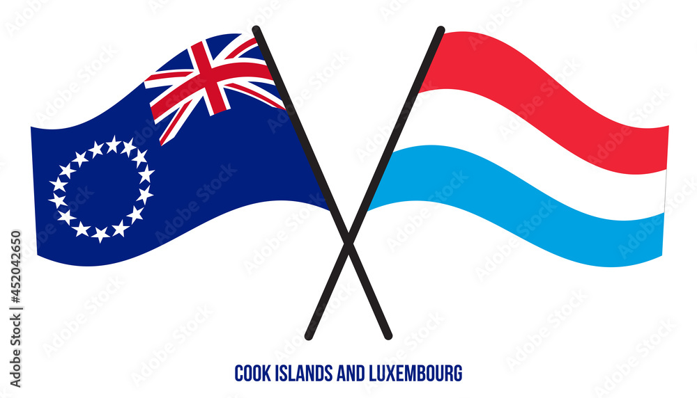 Cook Islands and Luxembourg Flags Crossed And Waving Flat Style. Official Proportion. Correct Colors