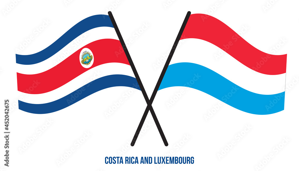 Costa Rica and Luxembourg Flags Crossed And Waving Flat Style. Official Proportion. Correct Colors.