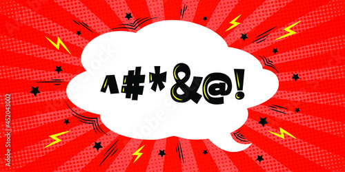 Expletive in cloud-shaped speech bubble with stars and lightings. Comic halftone background