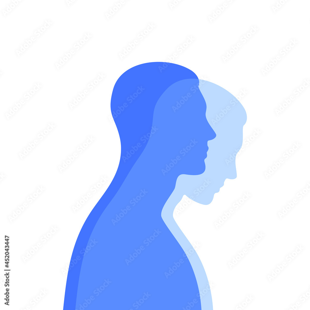 Blue male silhouette in profile with a translucent projection. Mental health concept. Duality and hidden emotions.