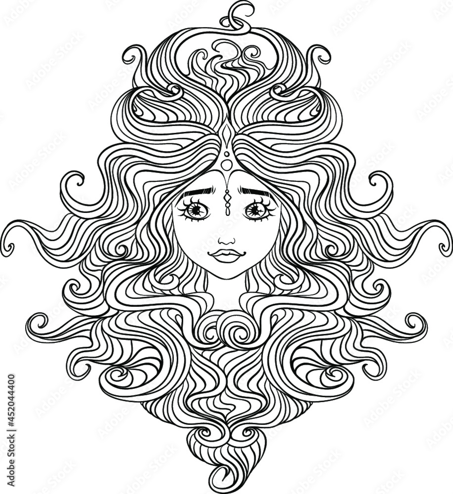 Illustration of a beautiful woman face wih tangled hair for coloring book. Vector illustration.