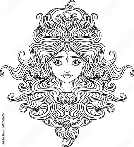 Illustration of a beautiful woman face wih tangled hair for coloring book. Vector illustration.