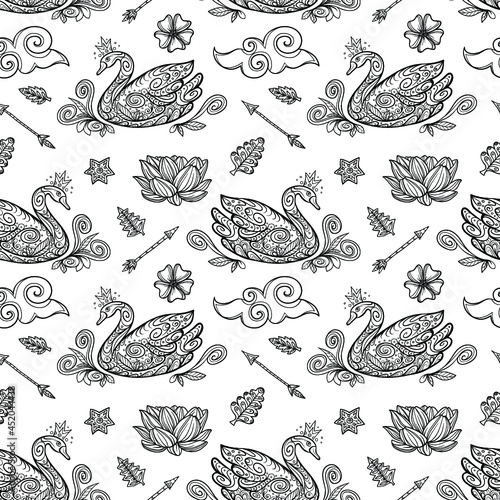 Doodle hand drawn pattern with funky elements. The story about princess swan  lake  arrows and waterlilly. Black and white lineart