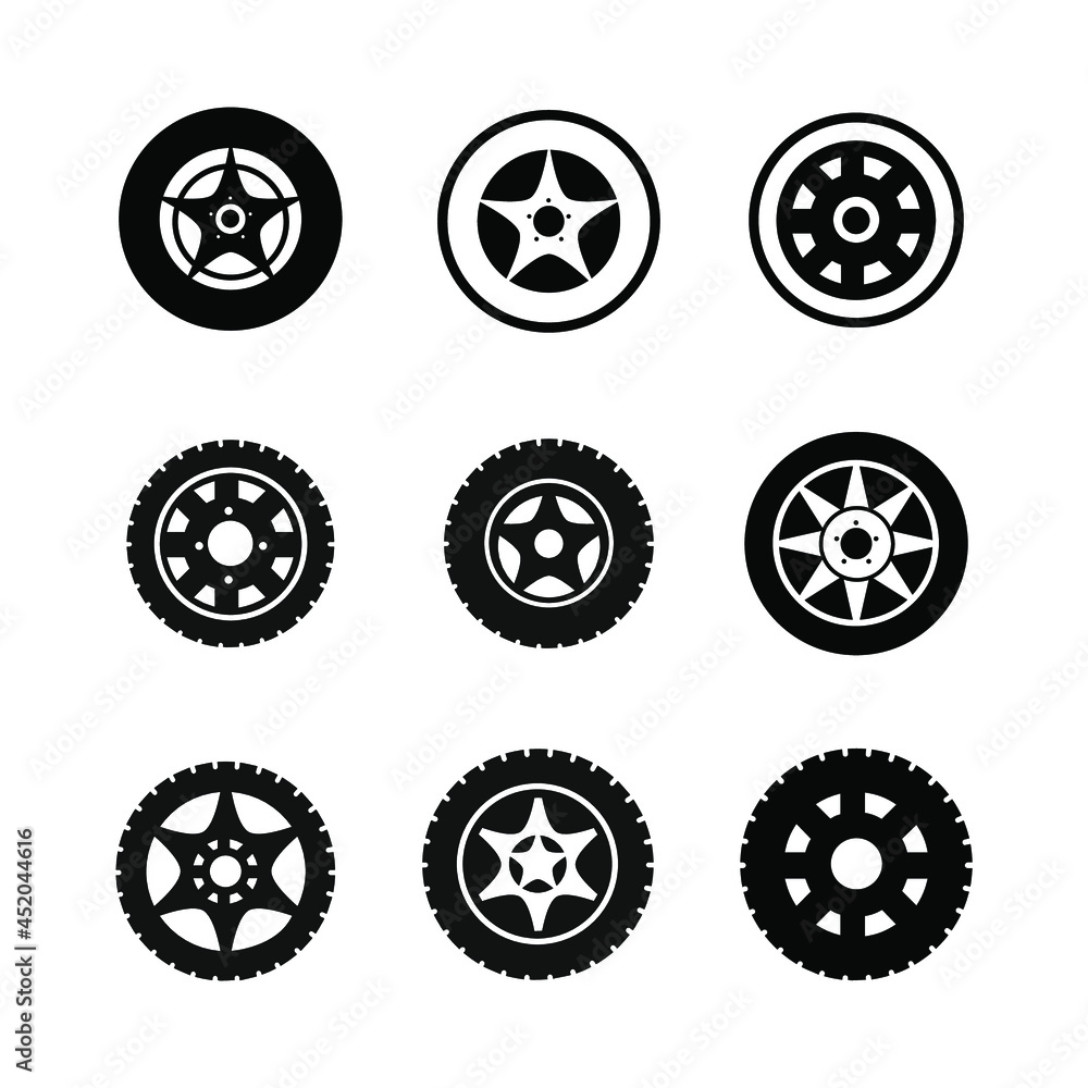Car wheels icons set. Car wheels pack symbol vector elements for infographic web Car wheels icons set. Car wheels pack symbol vector elements for infographic web