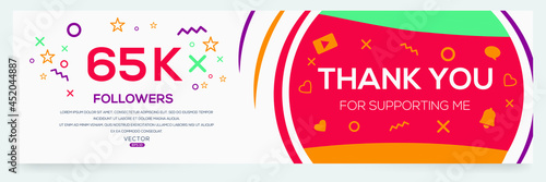 Creative Thank you (65k, 65000) followers celebration template design for social network and follower ,Vector illustration.