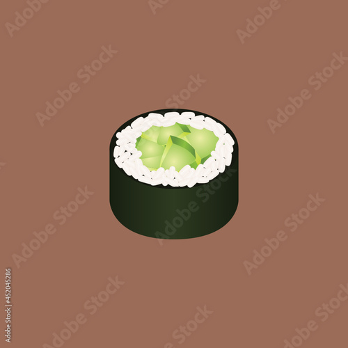 stock vector illustration of a sushi hosomaki, kappa maki, sushi roll, kelp, cucumber, gherkin and rice on brown background, sushi roll, kelp, cucumber and rice on brown 