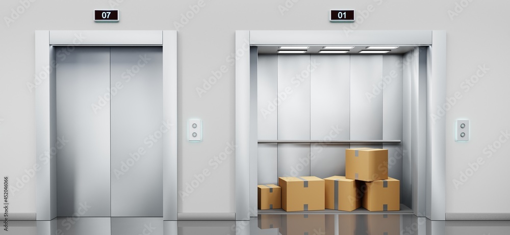 Cargo elevator with cardboard boxes in open cabin and service lift with  closed doors in hallway. Building hall interior with silver metal gates,  indoor transportation in office or warehouse, 3d render Stock
