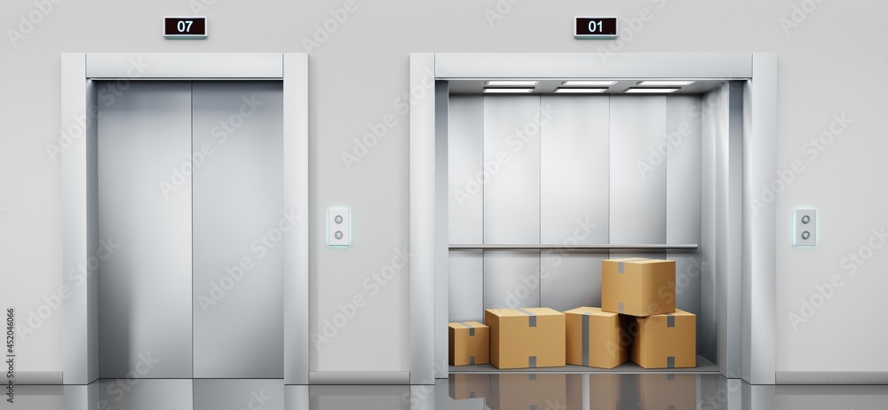 Εκτύπωση καμβά Cargo elevator with cardboard boxes in open cabin and service lift with closed doors in hallway
