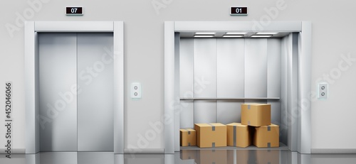 Cargo elevator with cardboard boxes in open cabin and service lift with closed doors in hallway. Building hall interior with silver metal gates, indoor transportation in office or warehouse, 3d render photo
