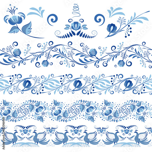 Set of blue patterned Seamless borders and elements for the design in the style of ethnic porcelain painting. Floral Brushes with leaves and flowers isolated on white.