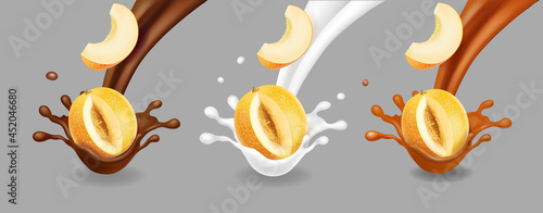 Melon and milk or chocolate splash. Yellow honeydew melon slice in caramel yoghurt or cream relalistic Sweet dessert 3d vector set illustration