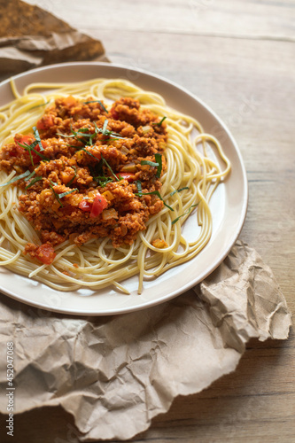 Slow cooked vegan Spaghetti Bolognese made from vegan soy meat