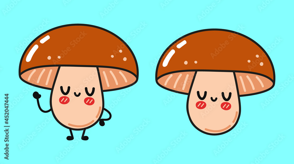 Funny cute happy Mushroom characters bundle set. Vector kawaii line cartoon style illustration. Cute Mushroom mascot character collection Funny cute happy Mushroom characters bundle set. Vector kawaii line cartoon style illustration. Cute Mushroom mascot character collection