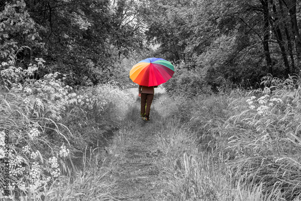 Person mit bunten Regenschirm in monochromer Landschaft