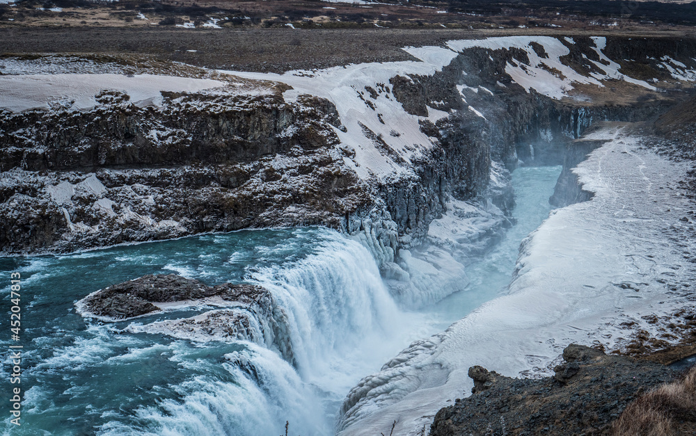 Majestic and dark Gullfoss waterfall in Iceland