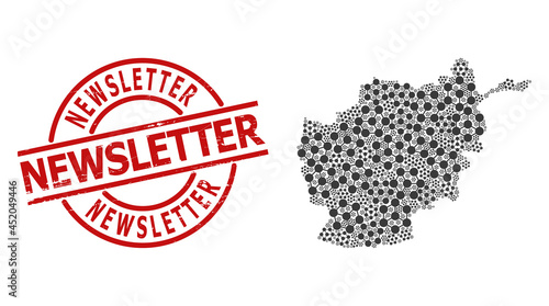 Scratched Newsletter stamp, and blockchain nodes mosaic of Afghanistan map. Red round stamp seal has Newsletter tag inside circle.