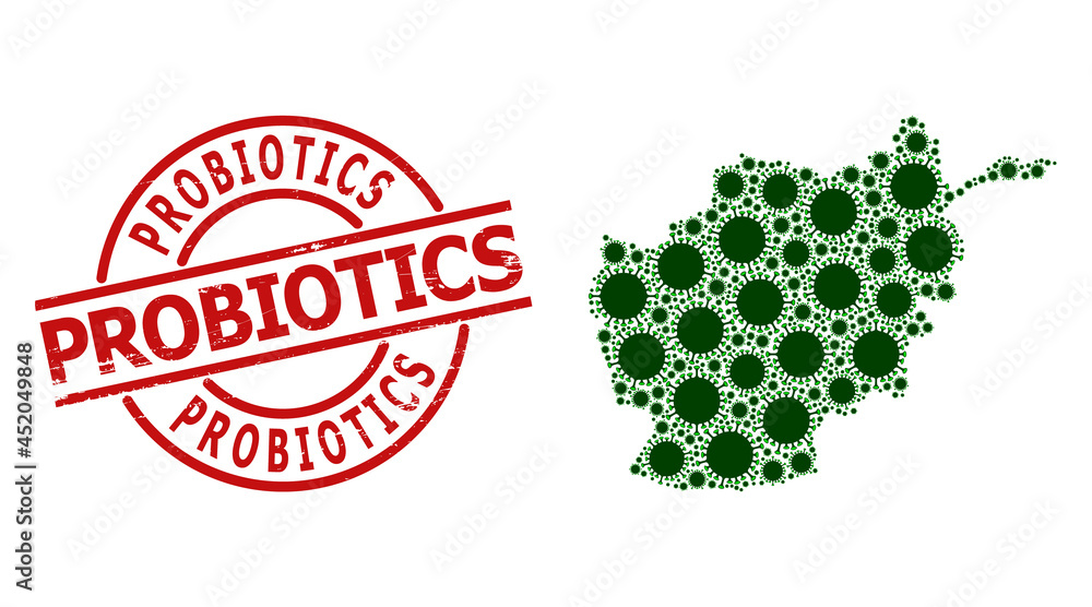 Rubber Probiotics seal, and covid virus collage of Afghanistan map. Red round seal has Probiotics tag inside circle. Afghanistan map collage is formed of covid virus rotated dots.