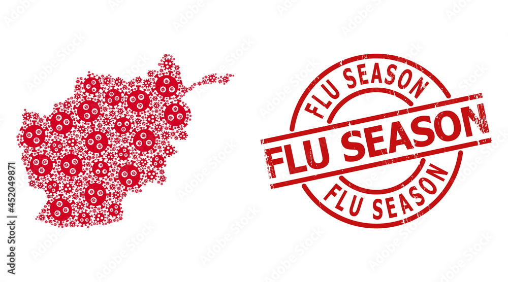 Textured Flu Season stamp seal, and covid-2019 virus collage of Afghanistan map. Red round stamp includes Flu Season caption inside circle. Textured Flu Season stamp seal, and covid-2019 virus collage of Afghanistan map. Red round stamp includes Flu Season caption inside circle.