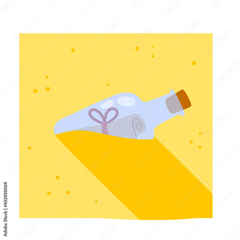 Message in bottle in sand. Letter and pirate note in shore or coast. Blue glass. Cartoon illustration isolated on white Message in bottle in sand. Letter and pirate note in shore or coast. Blue glass. Cartoon illustration isolated on white