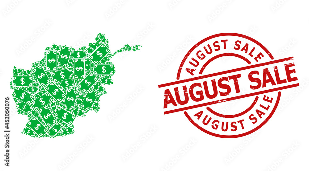 Grunge August Sale badge, and dollar banknote mosaic of Afghanistan map