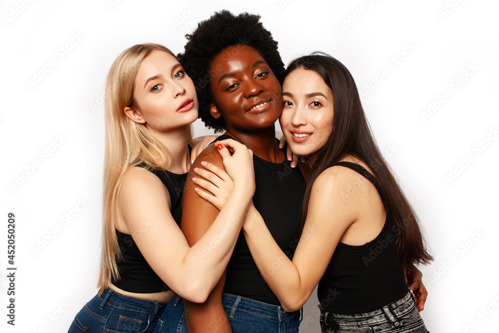 diverse multi nation girls group, teenage friends company cheerful having fun, happy smiling, cute posing isolated on white background, lifestyle people concept, african-american, asian and caucasian diverse multi nation girls group, teenage friends company cheerful having fun, happy smiling, cute posing isolated on white background, lifestyle people concept, african-american, asian and caucasian