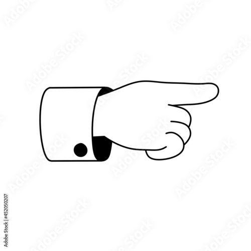 Index finger. Outline forefinger points to side. Direction indication. Cartoon illustration. Human hand. Businessman in a suit