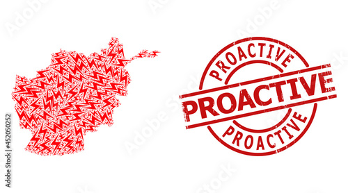 Textured Proactive badge, and electric strike mosaic of Afghanistan map. Red round badge includes Proactive caption inside circle. Afghanistan map mosaic is made from electric strike rotated items.