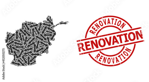 Grunge Renovation stamp seal, and exchange arrow collage of Afghanistan map. Red round stamp includes Renovation caption inside circle.