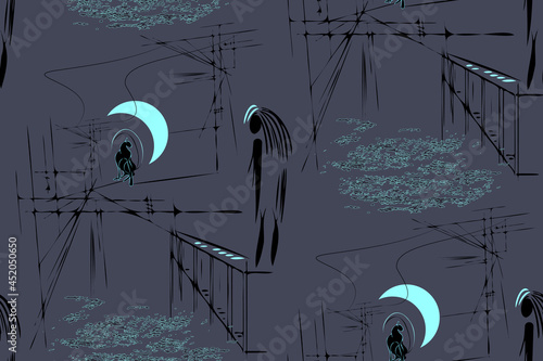 Vector EPS10 seamless pattern – Moon Catwalk. A woman in a line art style stays on a roof in a cityscape, like in lucid dreams or sleepwalking, hallucination, dark interpretation of phantasmagoria.