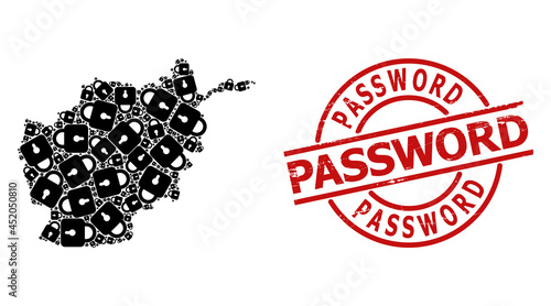 Scratched Password stamp seal, and lock collage of Afghanistan map. Red round stamp seal includes Password tag inside circle. Afghanistan map mosaic is constructed from lock rotated parts.