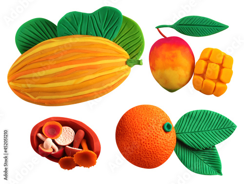 Fototapeta Naklejka Na Ścianę i Meble -  Mango, orange, melon, mushrooms, set of vegetables, fruits