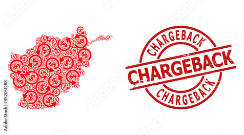 Grunge Chargeback stamp, and refund collage of Afghanistan map. Red round stamp seal has Chargeback caption inside circle. Afghanistan map collage is made of refund rotated elements.